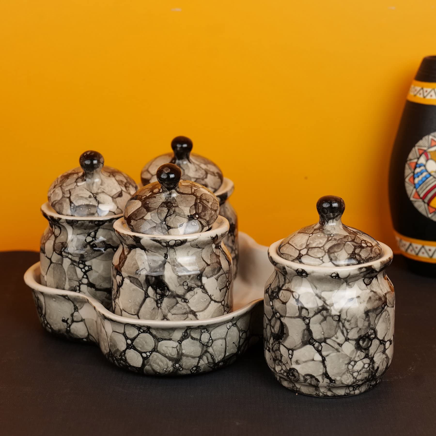 Artysta 'Smokey Marble' Grey Pickle Jars for Dining Table, Pickle Container Set For Achar And Chuney, Pickle Pot For Home And Kitchen (Set of 4, 240 ML)