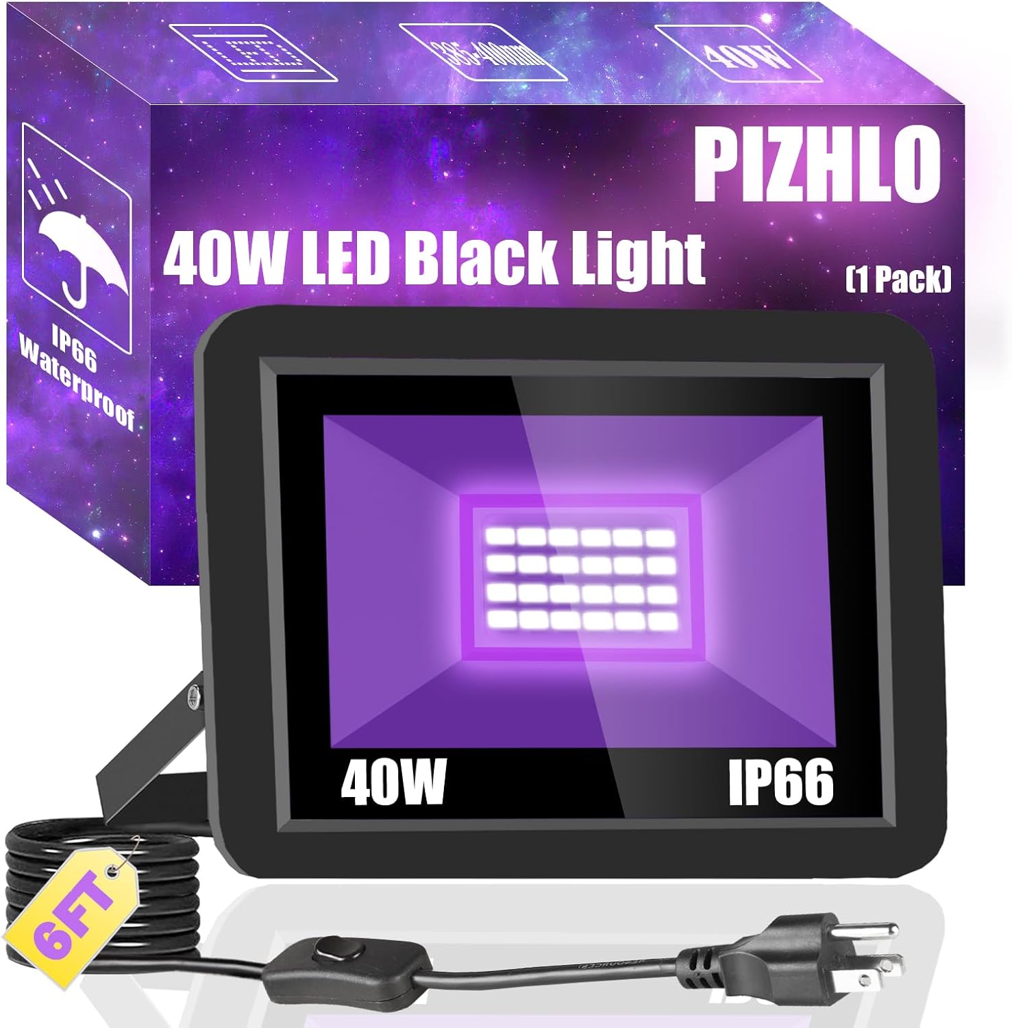 Paquete de 2 luces LED negras de 320 W, luz de inundación de luz negra con enchufe e interruptor, IP66 impermeable para exteriores, luz negra para