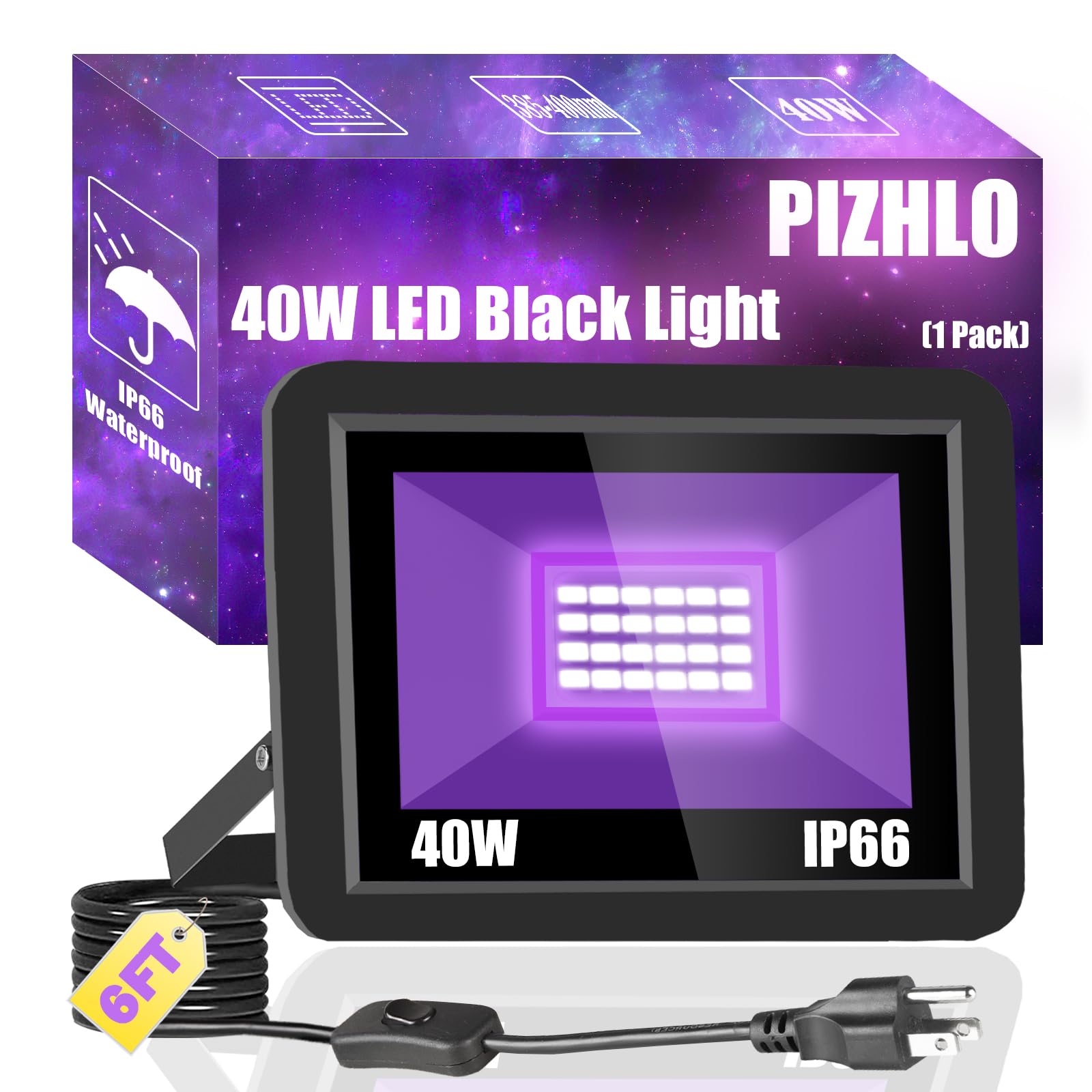 40W Black Light IP66 Waterproof Outdoor Flood Light with 6ft Cord+Plug+Switch, Blacklight Floodlight for Halloween Neon Glow in The Dark Fluorescent Poster Body Paint Bedroom 1 Pack