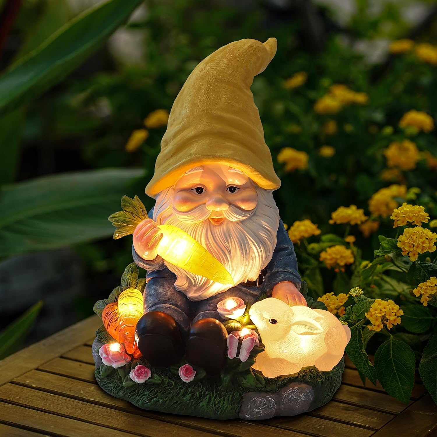 Solar Garden Outdoor Statues Gnome Feeding Rabbit with 6 LED Lawn Decor Outside Decorations for Patio, Balcony, Yard Ornament Unique Garden Gift