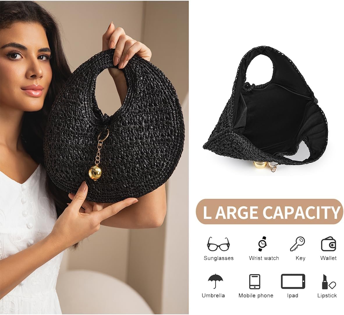 PHILOMENA Woven Straw Beach Bag for Women Handmade Raffia Circle Bag, Summer Boho Chic Tote Purse Handbag Large Round Bag - Image 3