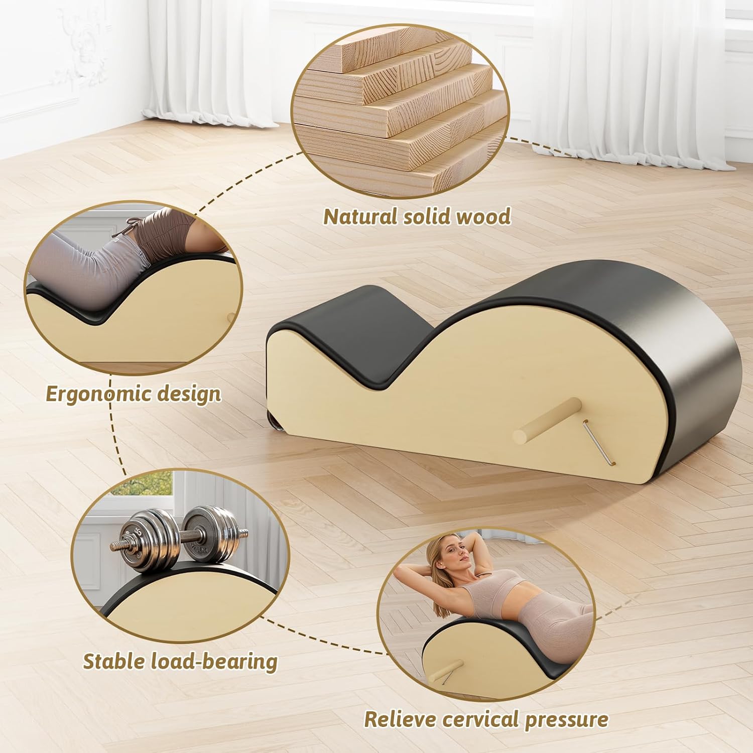 Wooden Black Pilates Arc with Spine Corrector for Core Strengthening Back Pain Relief, Pilates Spinal Corrector Arch Barrel for Back Flexibility，at Home Reformer Pilates Posture