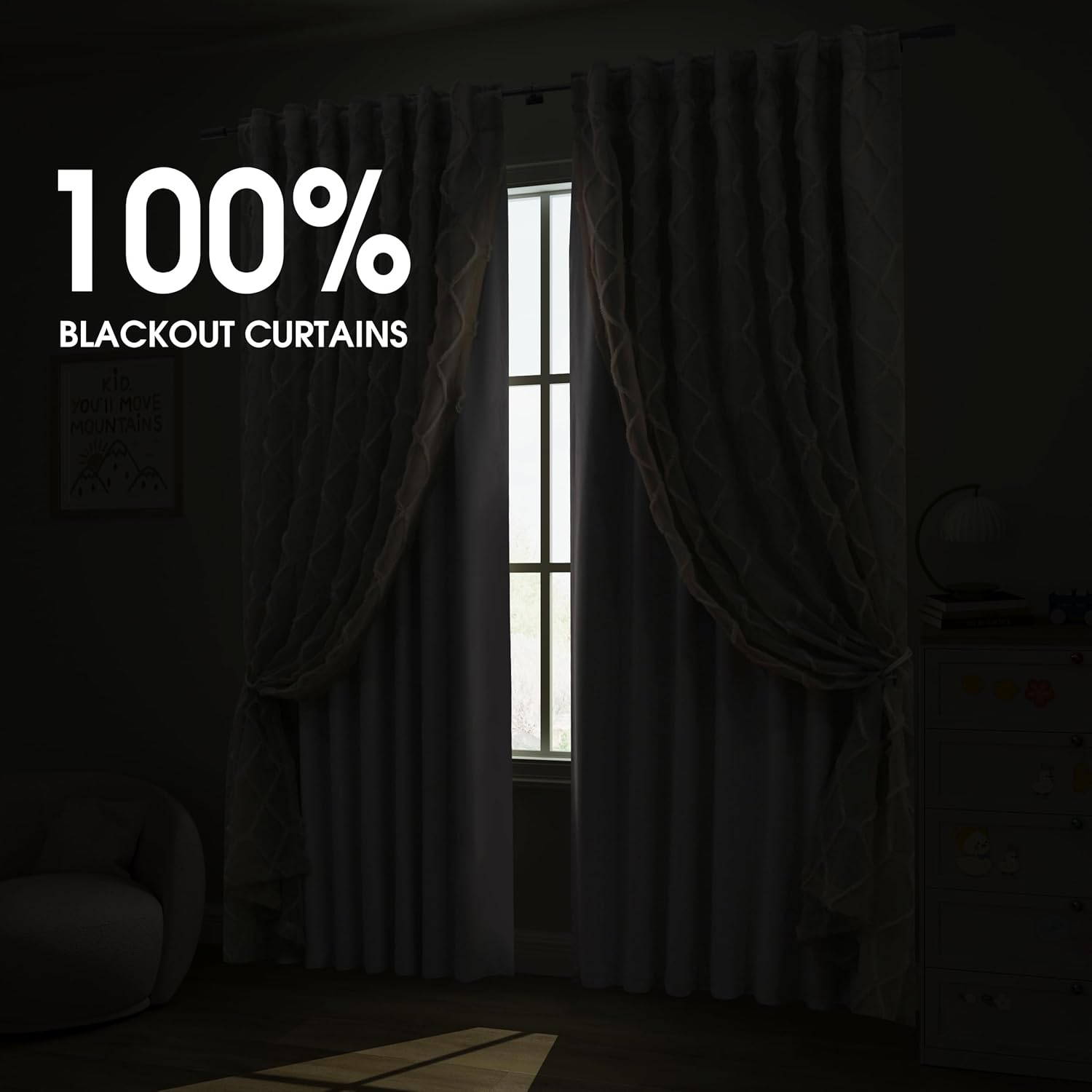 Guken Beige Boho 100% Blackout Double Layer Curtains Blackout 84 Inches Long for Living Room Bedroom Farmhouse Two Layer Pom Pom Curtains Back Tab Room Darkening Insulated Thermal Drapes for Nursery