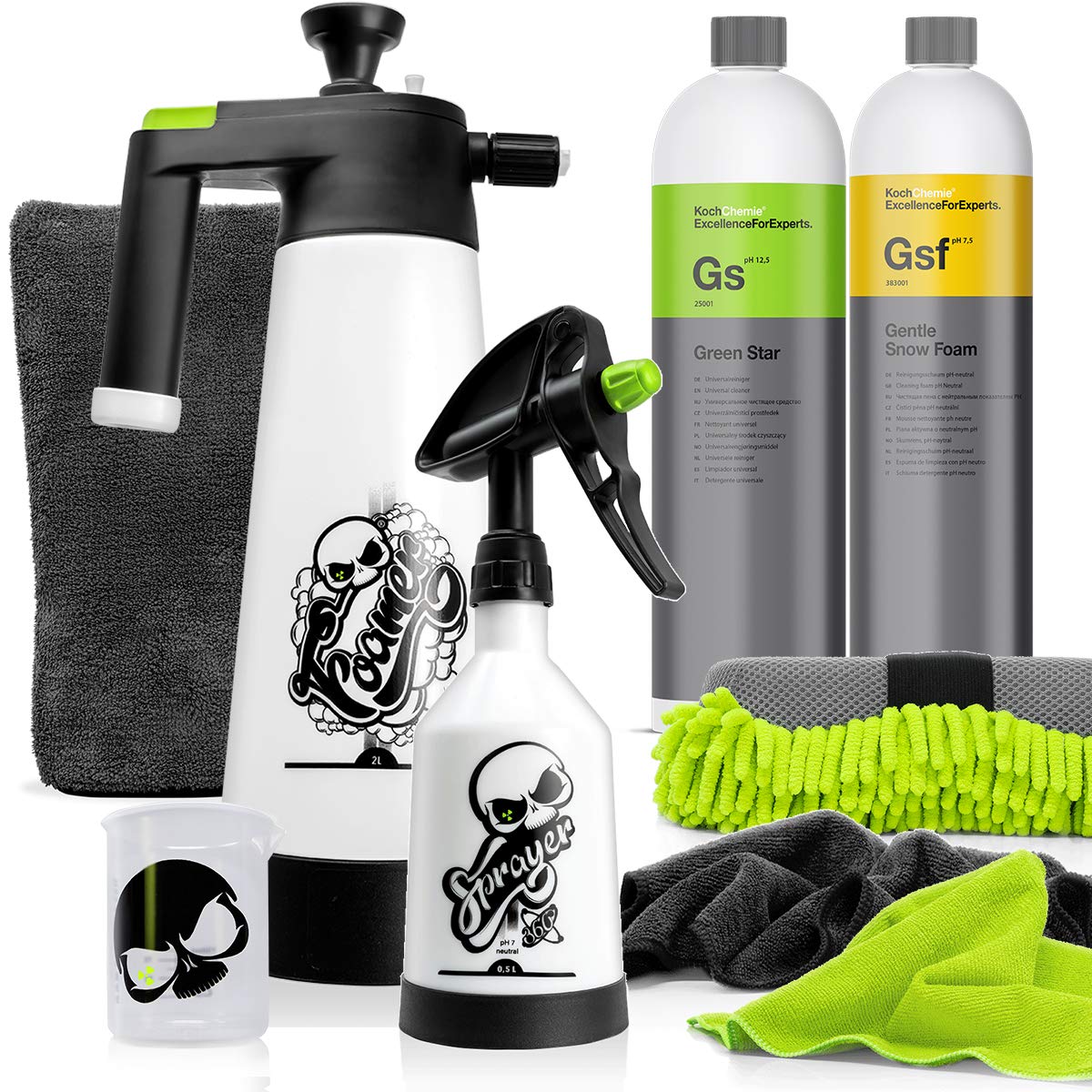 detailmate Koch Chemie Auto Foam Set Koch Chemie Green Star 1L + Gentle Snow Foam 1L + Nuke Guys: medidor, pulverizador, espuma, alfombrilla de detalle: 2 paños microfibra, esponja insectos y lavado