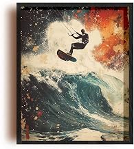 (Unframed) (16x20 Inch) Satin Wall Art Print Of Street Art and Graffiti Poster of Retro Kiteboarding Posters featuring a kiteboarder jumping over a wave in dramatic action - Industrial Age - Eco-Frie