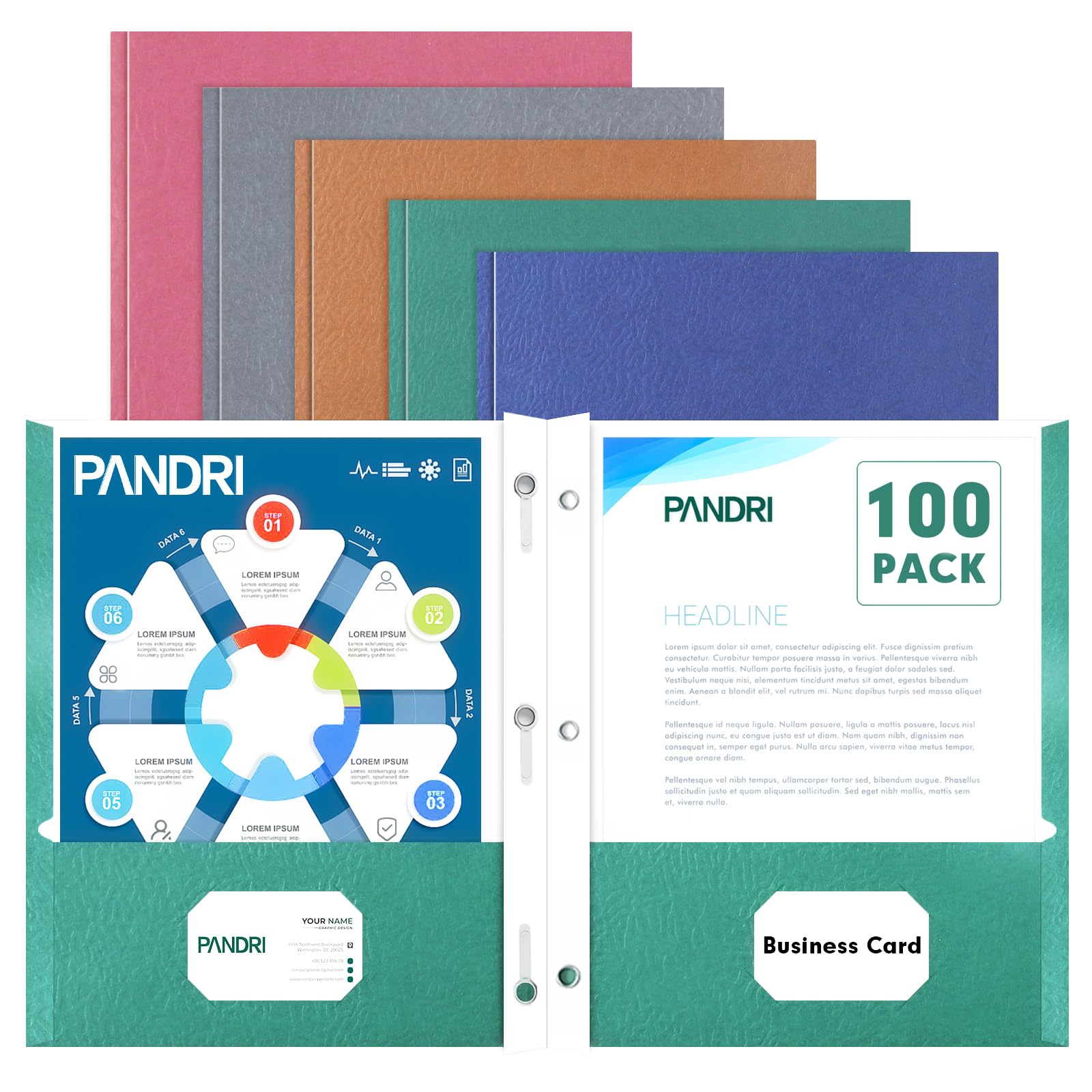 Two Pocket Folders, PANDRI 100 Pack Two Pocket Folders with Prongs, 2 Pocket 3 Prong Folders Designed for Office and Classroom, Letter Size Assorted 5
