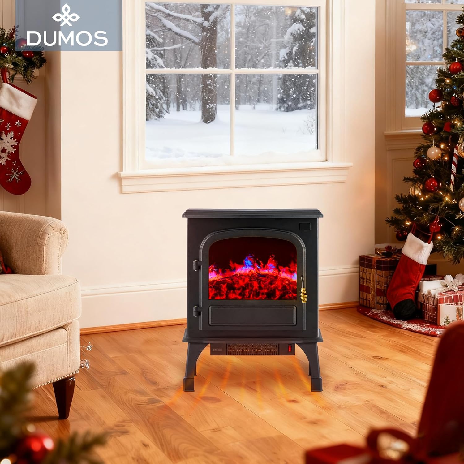DUMOS 26” Freestanding Electric Fireplace Heater, Electric Fireplace Stove with 3D Flame Effect & Remote Control, Stylish Stove for Home with Safety Features, Adjustable Heat & 12H Timer