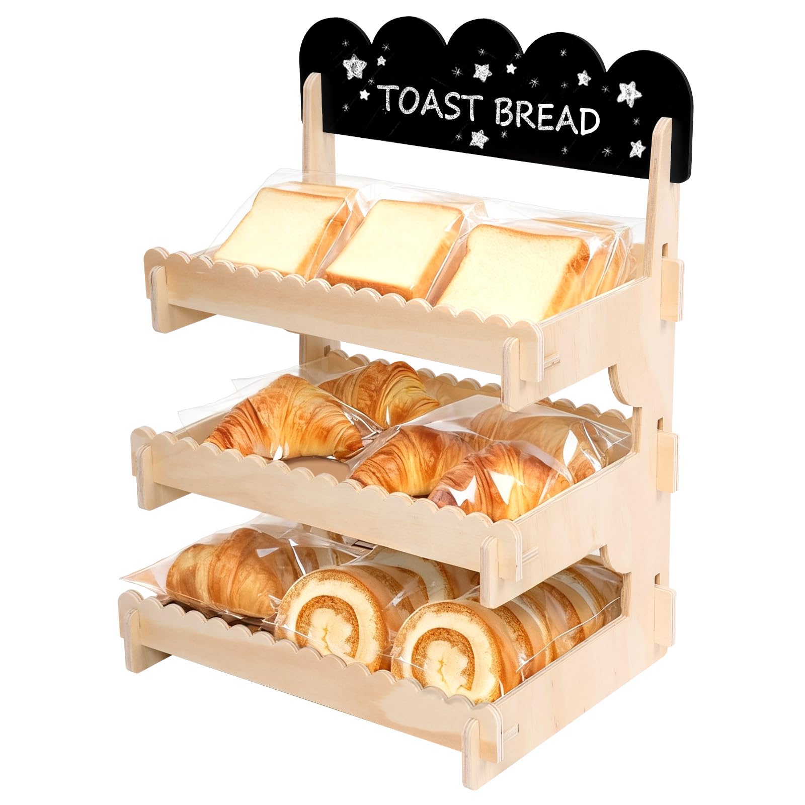 VAVPUP 3-Tier Wooden Cookie Display Stand with Chalkboard - Tool-Free Assembly,Foldable Plywood Treat Stand for Bakery,Market,Home Gatherings & Commercial Use(Natural wood color -3-Tier)
