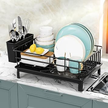 Dish Drying Rack with Drainboard, Stainless Steel Dish Rack for Kitchen Counter, Sturdy Dish Drainer with Removable Utensil Holder, 10.2W x 15L, Black&White Black