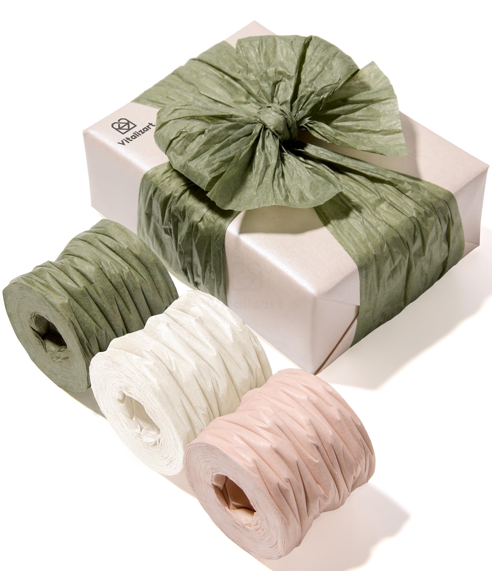Vitalizart Crinkle Paper Ribbon Green & Nude & White, 1.5″ x 75 Yards