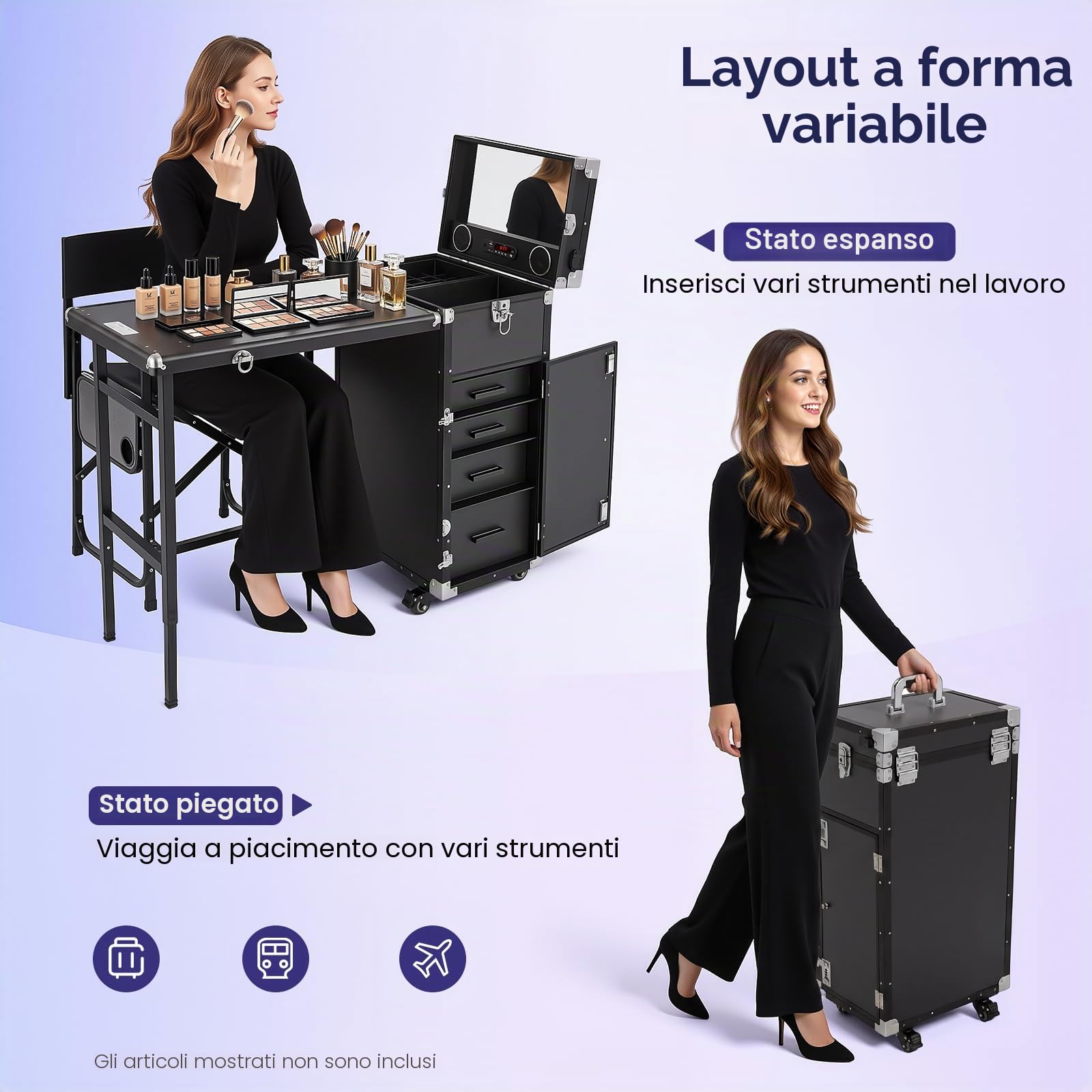 Valigetta per trucco professionale con ruote con tavolo pieghevole e 5 cassetti, custodia per trucco con specchi e altoparlanti Bluetooth, grande custodia per parrucchiere, tavolo per manicure, Nero