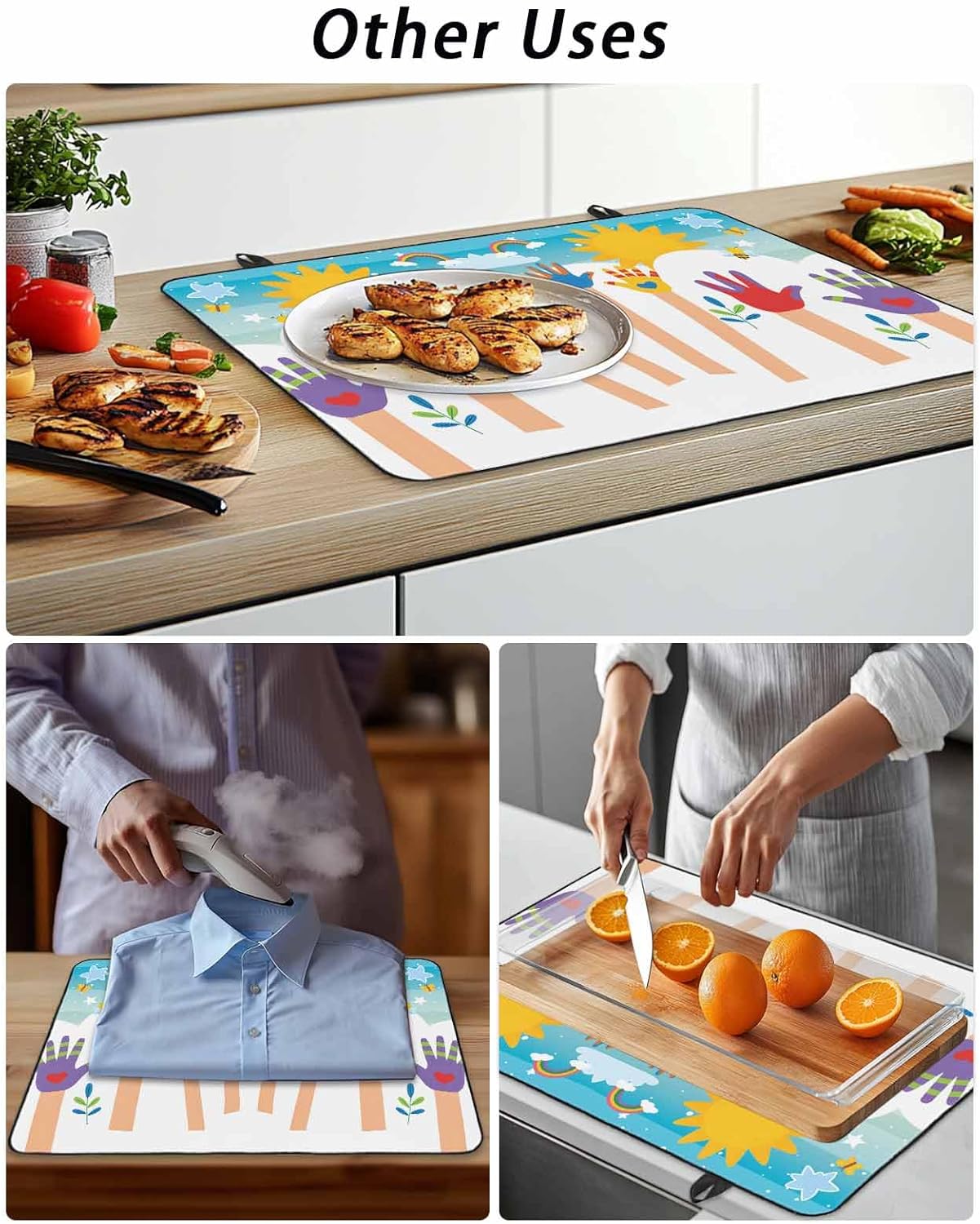 Colorful Love Heart Hand Stove Top Cover for Electric Stove, Rainbow Sky Cartoon Kids Hands Heat-proof & Non Slip Glass Top Stove Cover Protector, Kitchen Flat Cooktop Rubber Mat 36x21 Inches