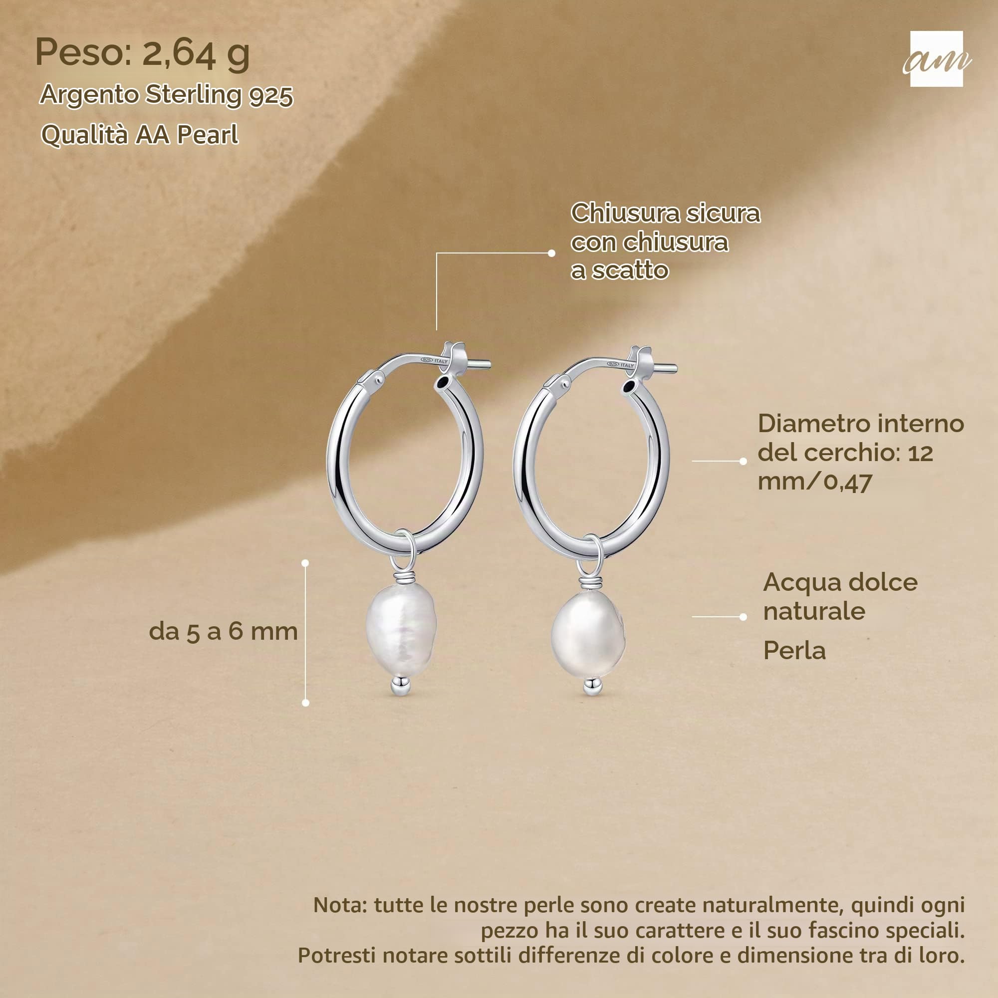 Amberta Orecchini con Perla in Argento Sterling 925 per Donna