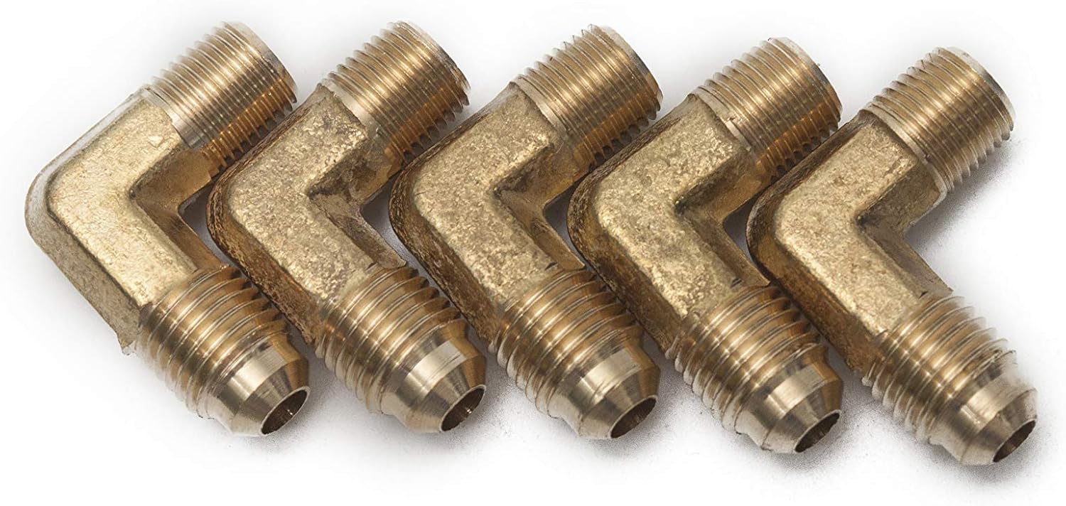 LTWFITTING Brass Flare 1/4" OD x 1/8" Male NPT 90 Degree Elbow Tube Fitting (Pack of 5)