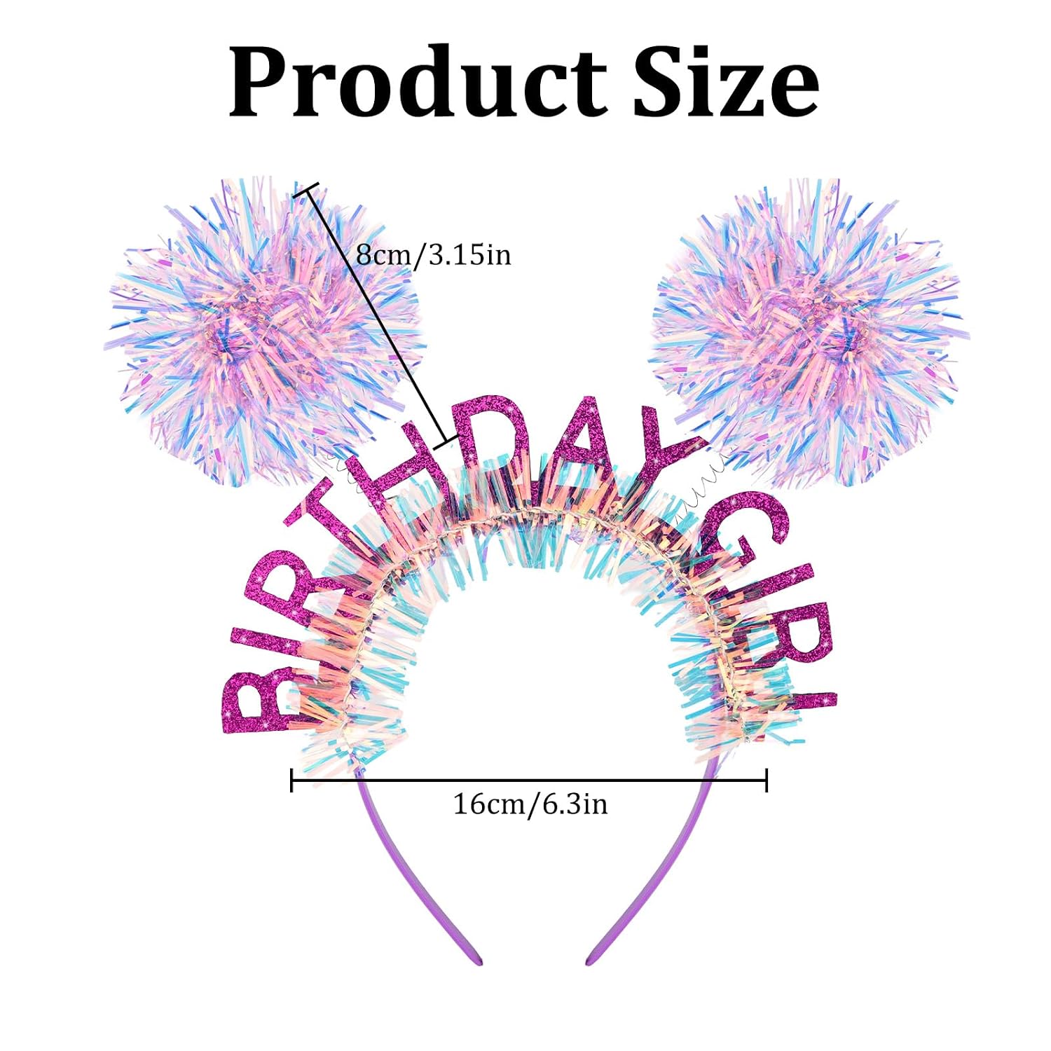 Jaciya Birthday Girl Iridescent Pom Pom Headband Purple Tinsel Party Headband Purple Birthday Decorations Photo Booth Accessory