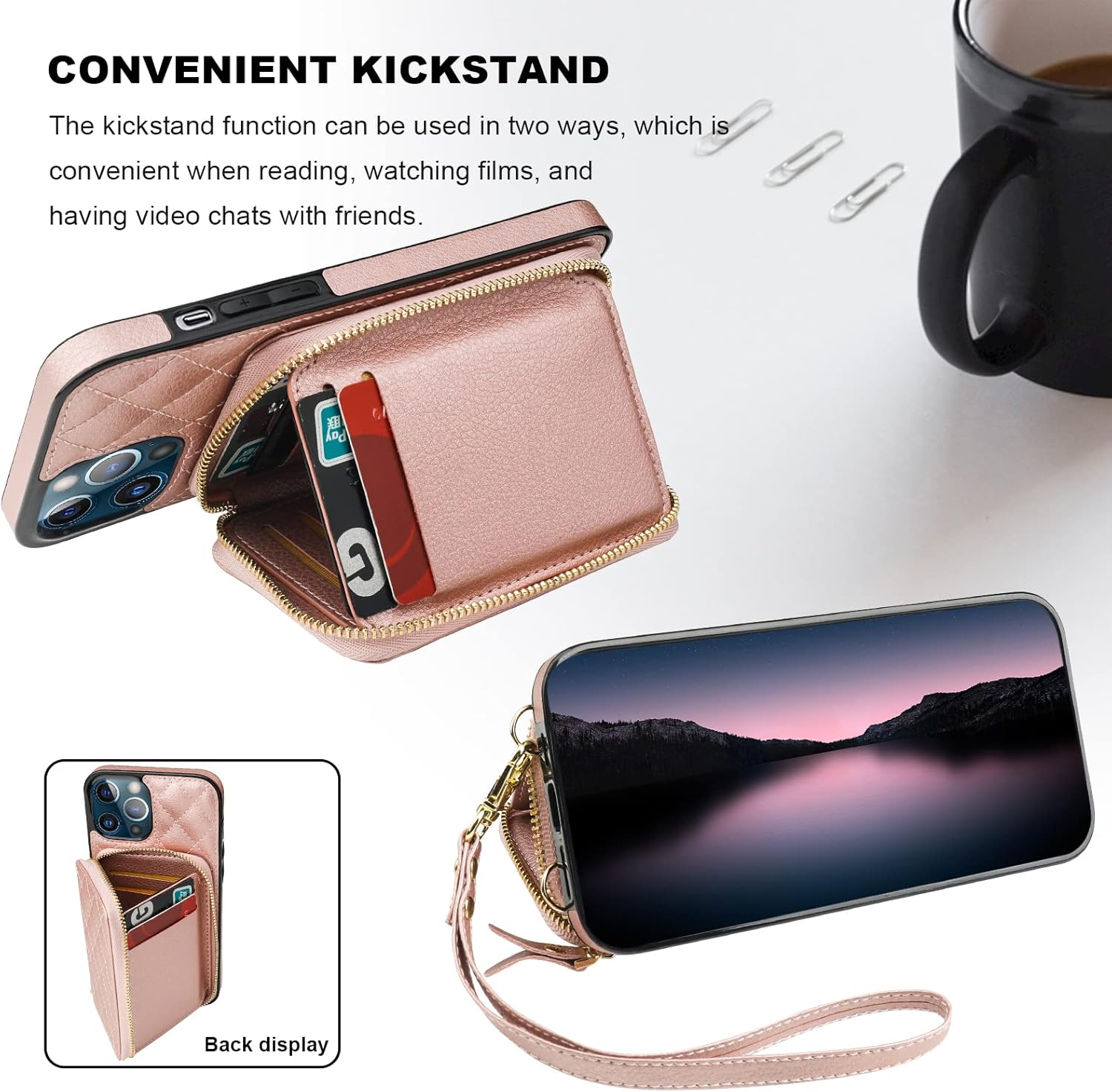 Bocasal Crossbody Wallet Case for iPhone 12 Pro Max, RFID Blocking PU Leather Zipper Handbag Purse Flip Cover, Kickstand Folio Case with Card Slots Holder Wrist Strap Lanyard 5G 6.7 Inch (Rose Gold)