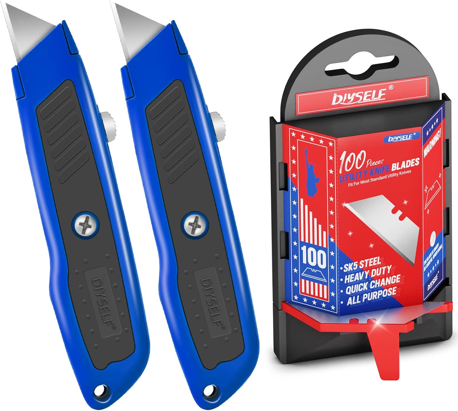 DIYSELF 2 Pack Box Cutter Retractable and 100 Pack Utility Knife Blades