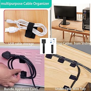 50 PCS Under Desk Cable Clips Self-Adhesive Hook Loop Cord Organiser