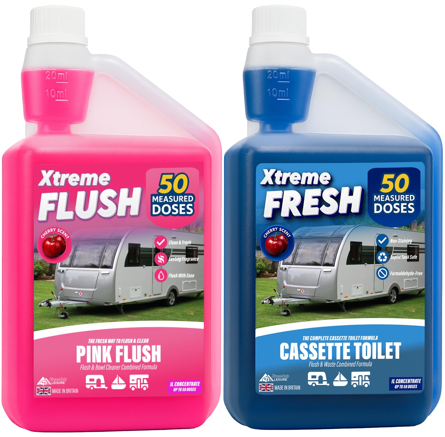 Xtremeauto Blue & Pink Toilet Fluid Twin Pack – Concentrated Cassette Toilet Formulas for Caravans & Motorhomes – 50 Doses Each, Septic Safe (1, Blue + Pink)