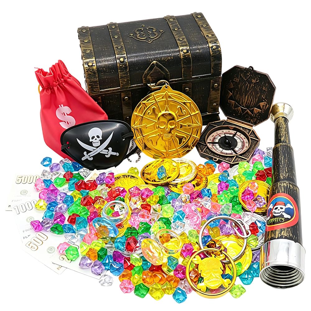 Pirate Treasure Chest Set, Treasure Chest Kids with 108g Colorful Gems, 20 Plastic Gold Coins, Eyepatch, Compass, Telescope, Treasure Box for Pirates Themed Party Favors, Halloween Easter Prizes