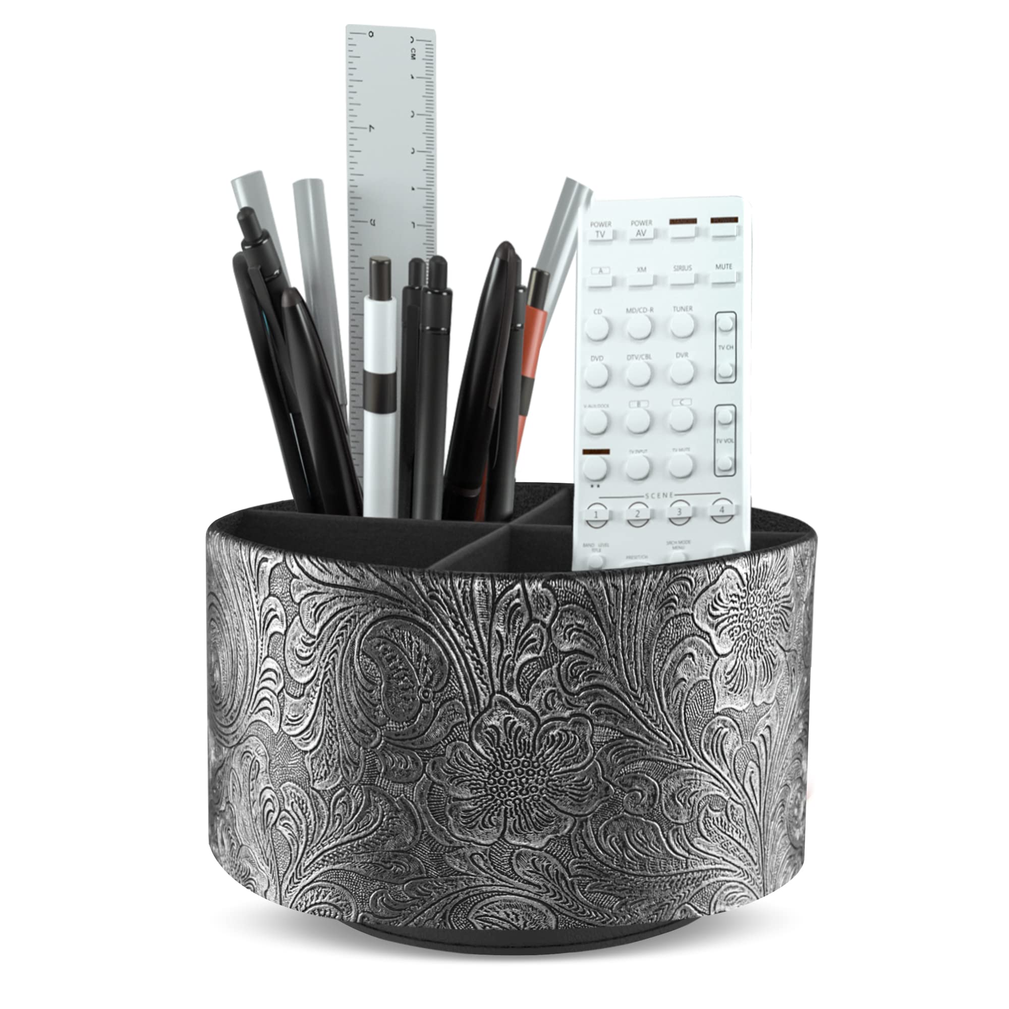 Czzmy Round Leather Art Supply Organizer,Remote Control Holder,360 Degree Spinning,Multi-Functional Pencil Holder,4 Compartments Desktop Stationary Organizer(1-Carving Grey)