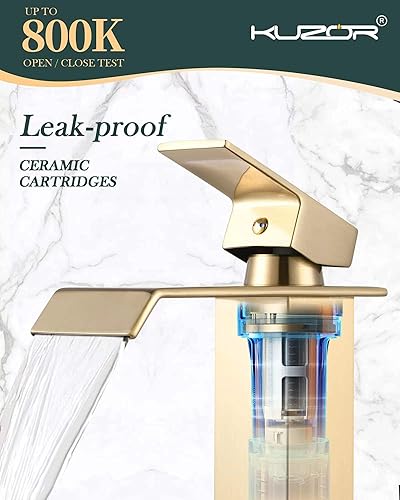 Miniatura 7 de Grifo de lavabo de baño con cascada dorada, acabado dorado cepillado, mango único, instalación de 1 o 3 agujeros, drenaje desplegable de metal,