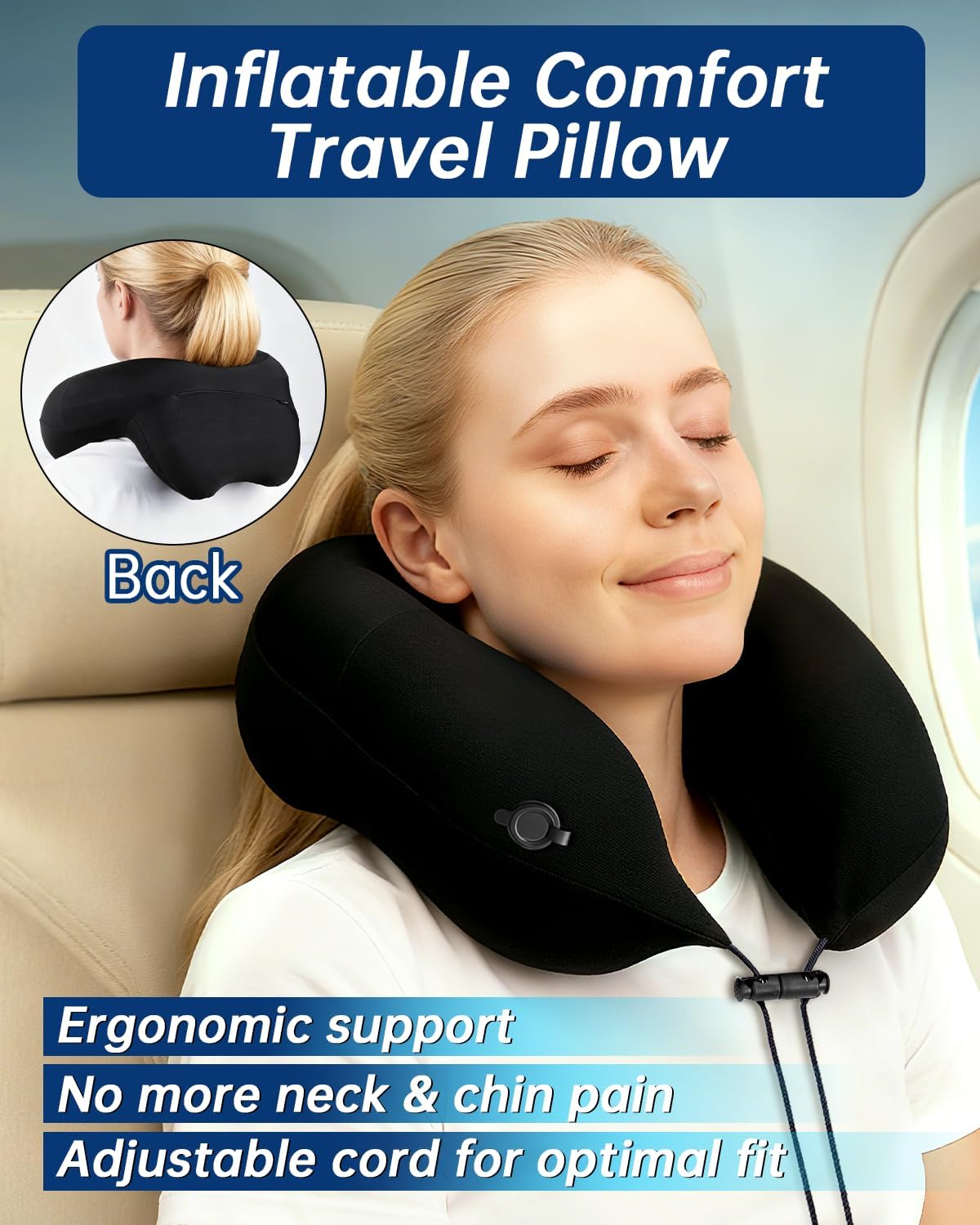 Neck Pillow for Traveling, 2-in-1 Air-Pump & Storage Bag, Inflatable Compact 360°Head Support Airplane Pillow for Travel,Train, Car - Black - Image 2