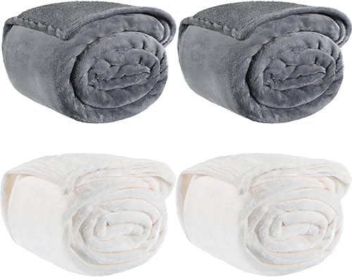 Peryiter 4 mantas de forro polar a granel, suaves y cálidas, suaves y transpirables, ligeras mantas de franela para sofá y cama (blanco, gris, 50 x