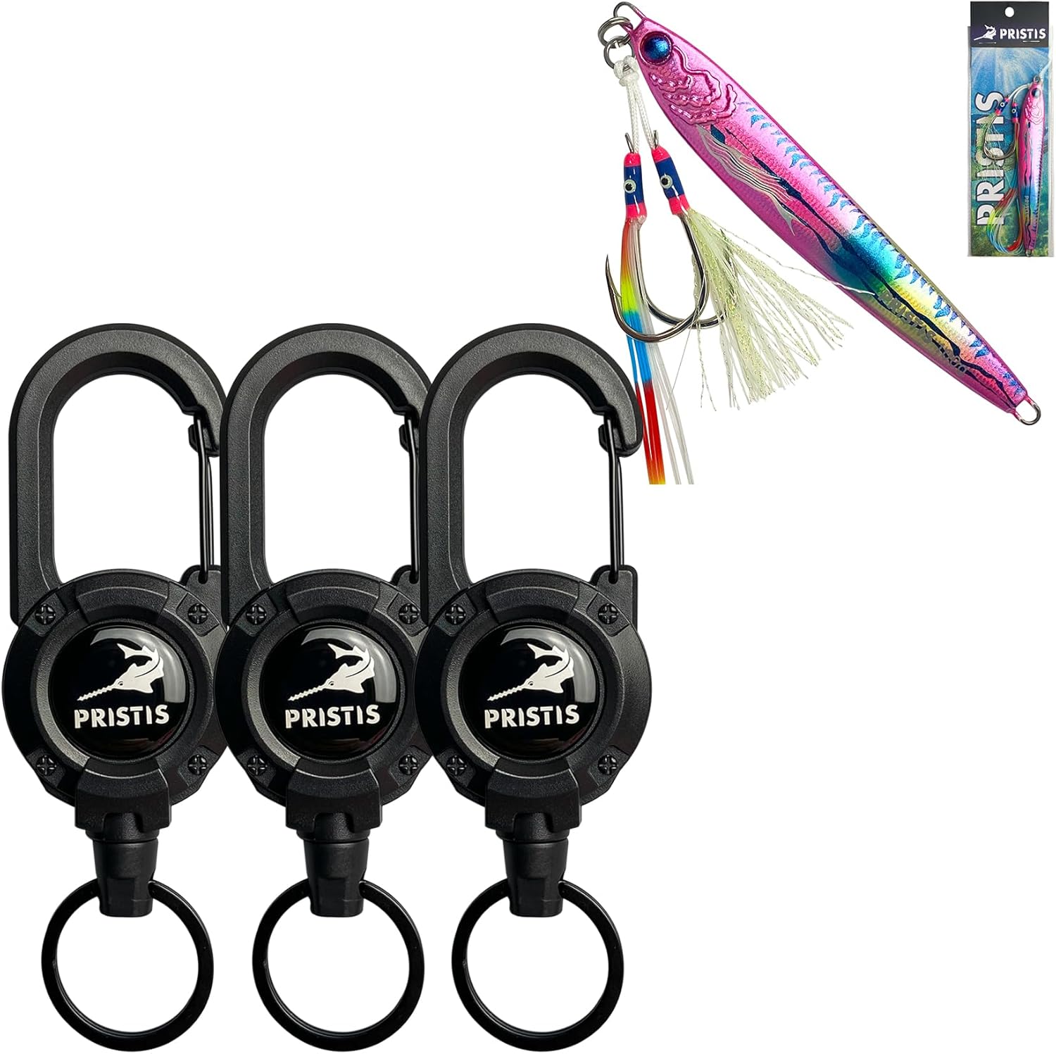 Pristis Convenient Fishing Gear Combination, 3.5 oz Saltwater Fishing Jigs & 3 Pack Heavy Duty Zinger Retractors, A Neat Option for Angler