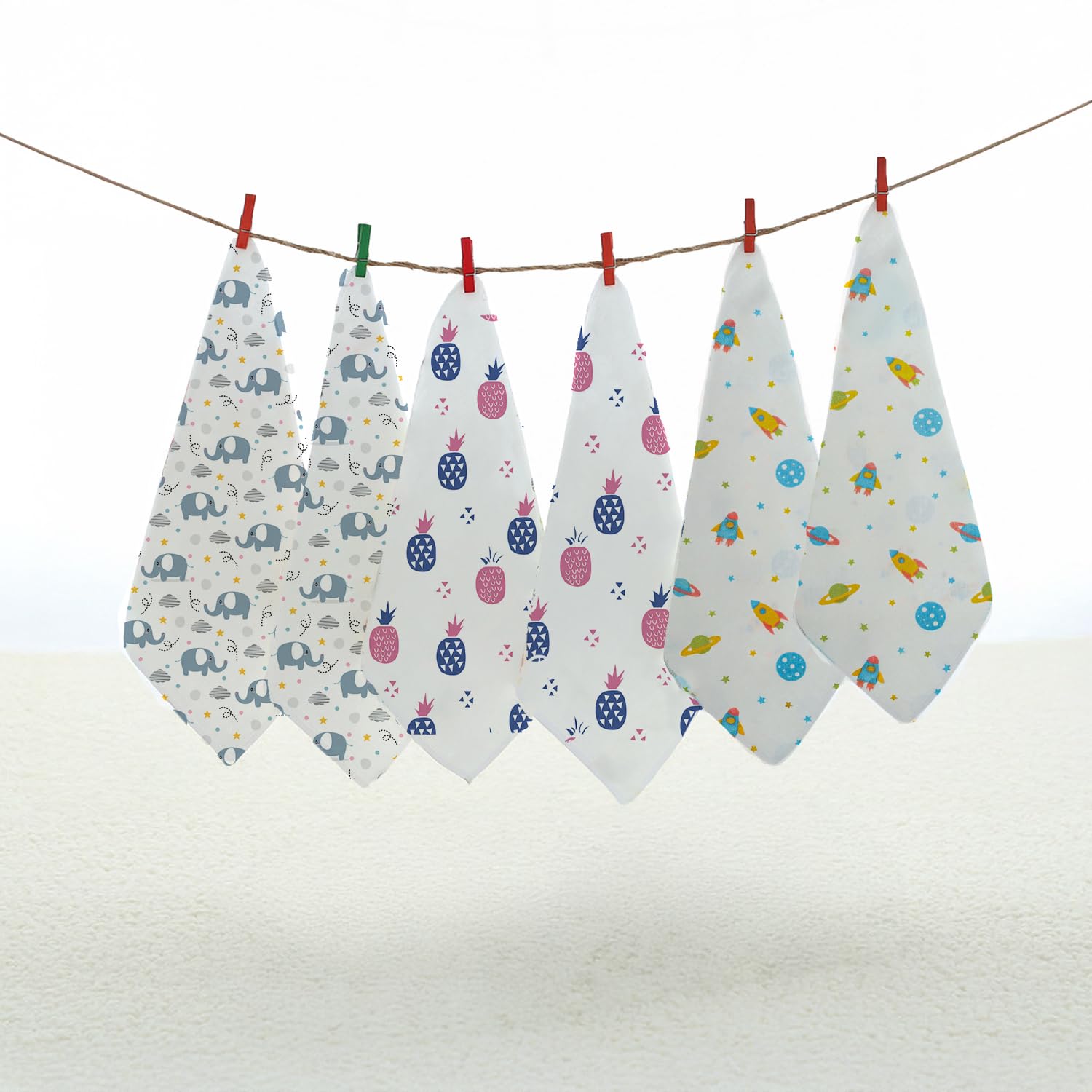 StarAndDaisy Muslin Face Hankies Pack of 6 Extra Soft, for Newborn Baby, for Infants, Toddlers, Kids, Reusable, Napkins, White, Printed.