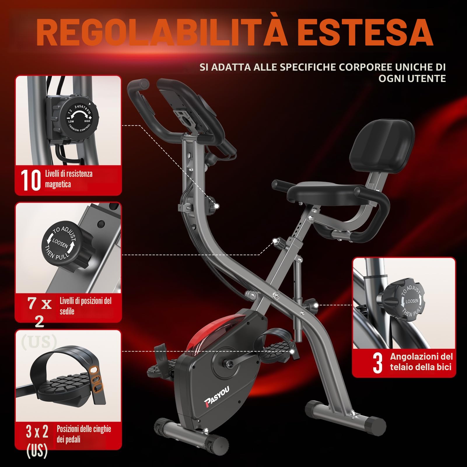 PASYOU Cyclette Pieghevole 3 in 1, Bicicletta magneticaper la Casa, Spinning Bike con monitor LCD e sensore di frequenza cardiaca, Cyclette a 10 livelli di resistenza magnetica,Salvaspazio