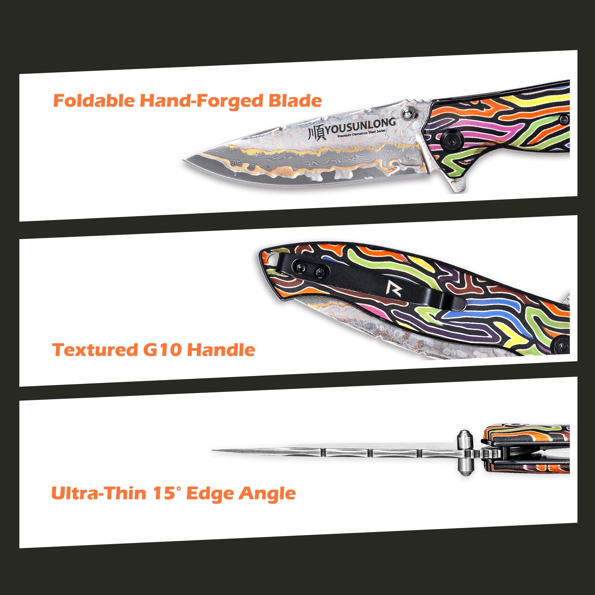 YOUSUNLONG Coltello tascabile pieghevole da campeggio EDC - Lama in acciaio damasco CuMai - Rivestimento in G10 multicolore