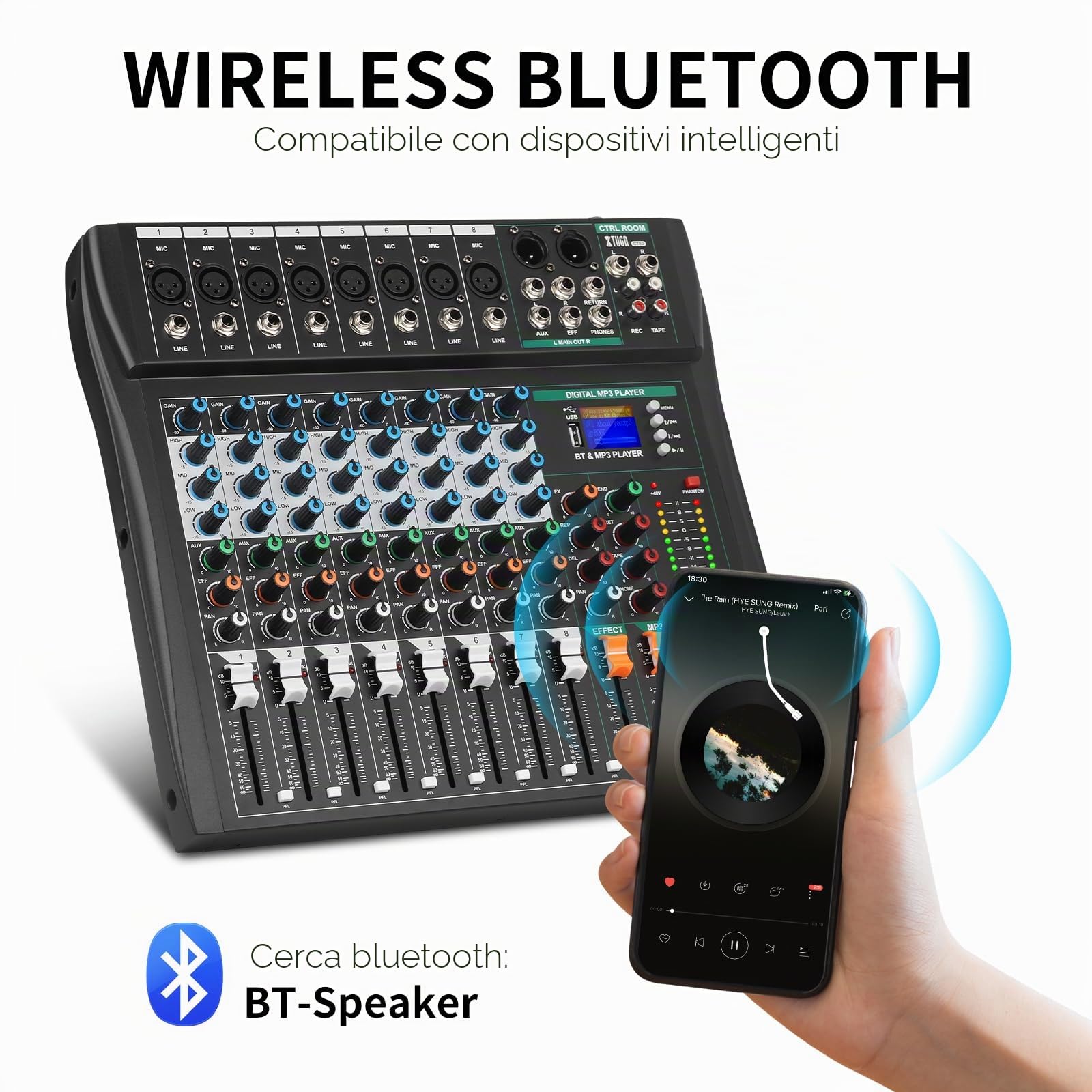 XTUGA CT80 - Console audio a 8 canali per registrazione su PC, scheda audio professionale integrata con effetti digitali da studio, alimentazione phantom da 48 V, ingresso/uscita RCA, MP3, Bluetooth