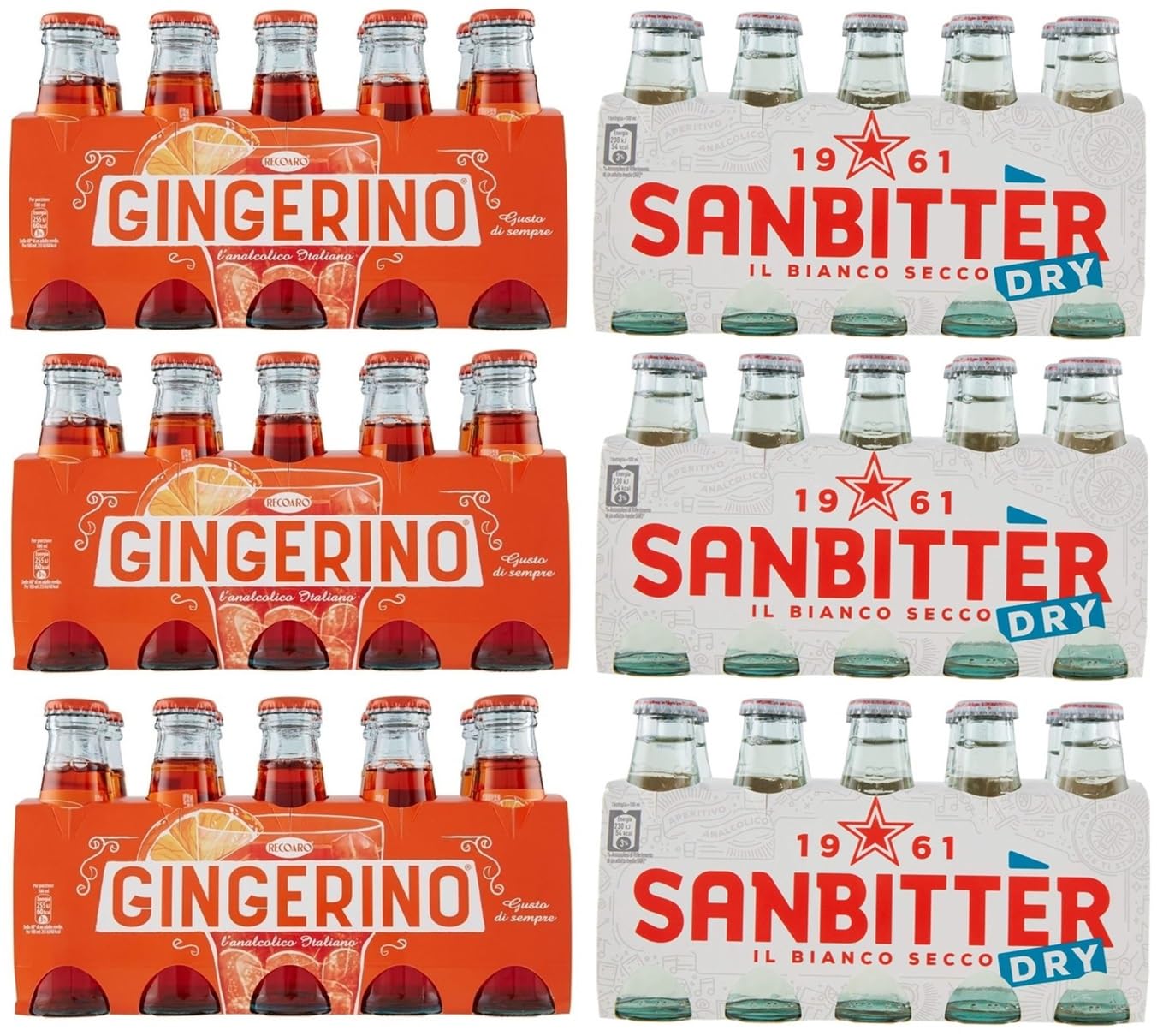 60er-Pack Testpaket San Bitter Dry Weiß + Gingerino Recoaro Erfrischendes alkoholfreies Getränk,Italienischer Aperitif,10cl Einweg-Glasflasche