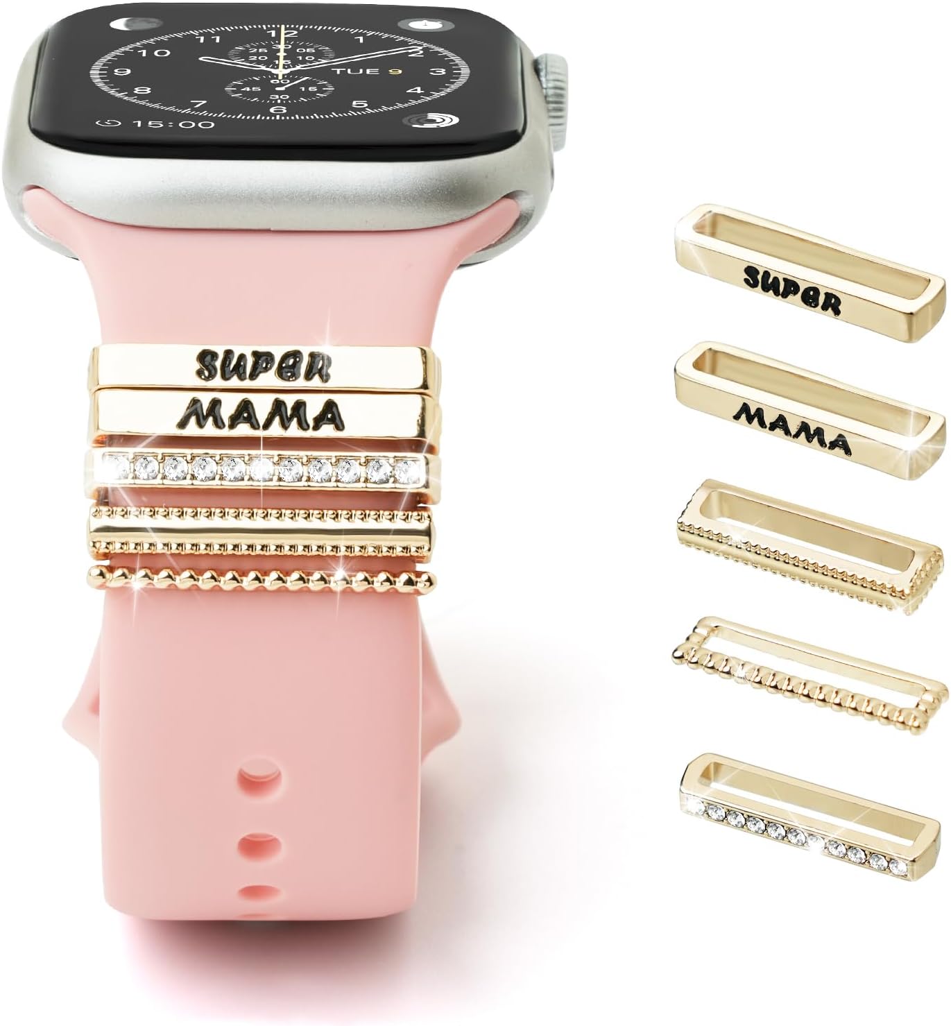 Metal Watch Band Charms 5 pcs Decorative Rings Loops Compatible with Apple Watch Band Jewelry Sliding Accessories Charm for iWatch Series 10 9 8 7 6 5 4 3 2 1 (Superr Mama-Gold)