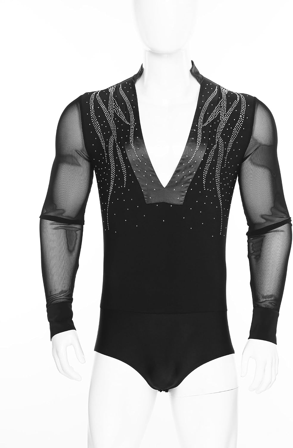 Men See-Through Mesh Latin Tango Dance Leotard Metallic Long Sleeve Cha Cha Rumba Dance Costume