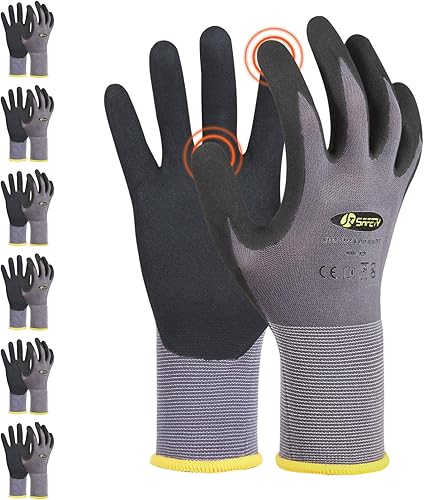 JKSafety Sandy MicroFoam - Guantes de trabajo de seguridad de nitrilo con capacidad para pantalla táctil, 6 pares de guantes de trabajo ligeros,