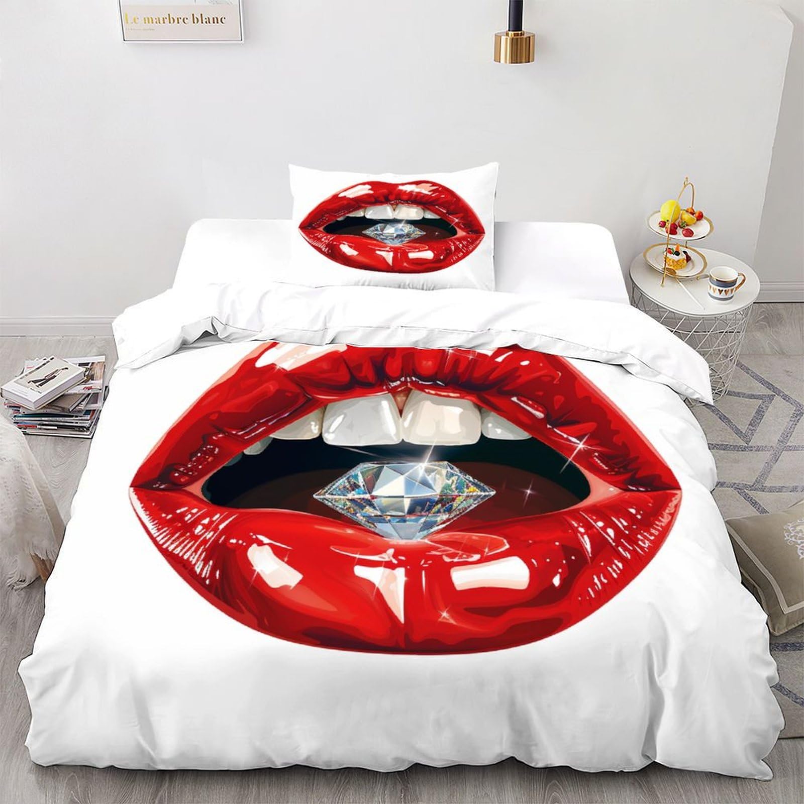 Housse de couette respirante et super douce imprimé diamant rouge avec ses taies