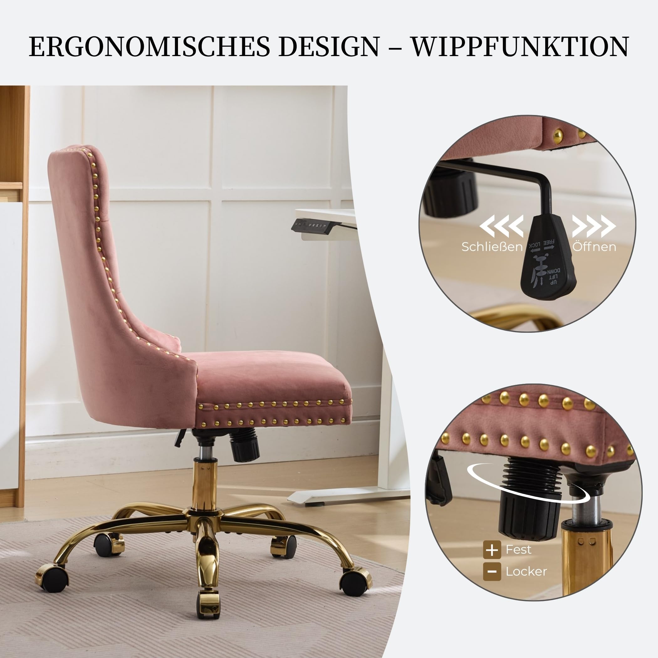 Vintage Britischer Samt-Bürostuhl mit gesteppter Rückenlehne & Nagelkopfverzierung, höhenverstellbar, Schwenk- und rollbar, belastbar bis 150 kg - Bequemer Schminkstuhl für Homeoffice