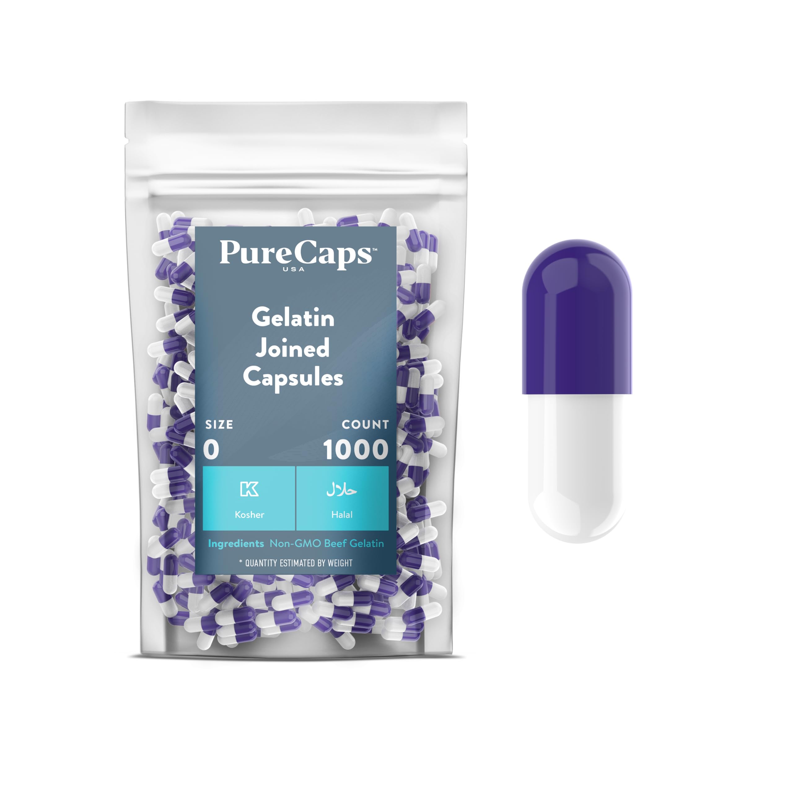 PureCaps USA - Empty Purple/White Gelatin Pill Capsules - Fast Dissolving and Easily Digestible - Preservative Free with Natural Ingredients - (1,000 Joined Capsules) - Size 0