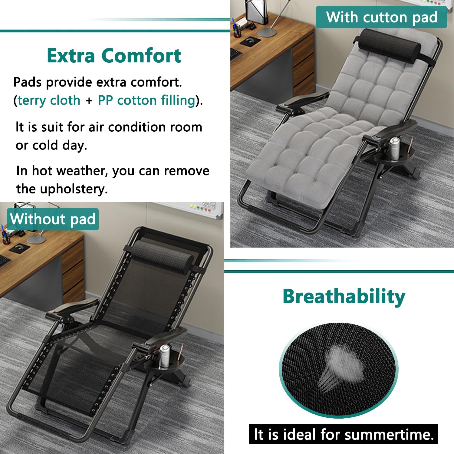 Chaise Longue Pliante 77cm, Chaise Longue Jardin Exterieur, Fauteuil Relax Jardin, Transat Jardin Exterieur, pour Patio, Jardin, Plage, Piscine, avec Coussin 240 kg (Noire)