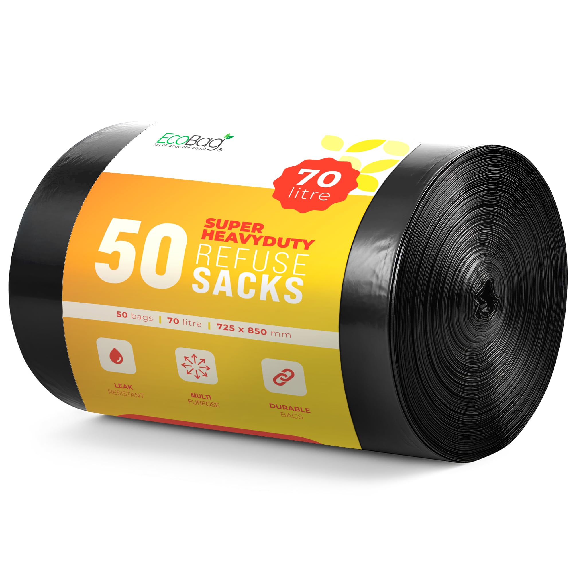 EcoBag - 50 Pack Super Strong Heavy Duty Refuse Sacks - Recyclable Bags, Leak Resistant, Durable Waste Disposal Bags For Wheelie Bins, Large Household Bins, Garden&Bulky Waste, 35 Micron (Μm)/70l