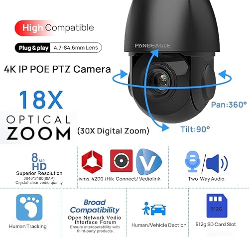 Miniatura 2 de PANOEAGLE Cámara IP PTZ PoE de 4K 8MP para exteriores con zoom óptico de inclinación panorámica 18X, detección humanavehículo, conversación