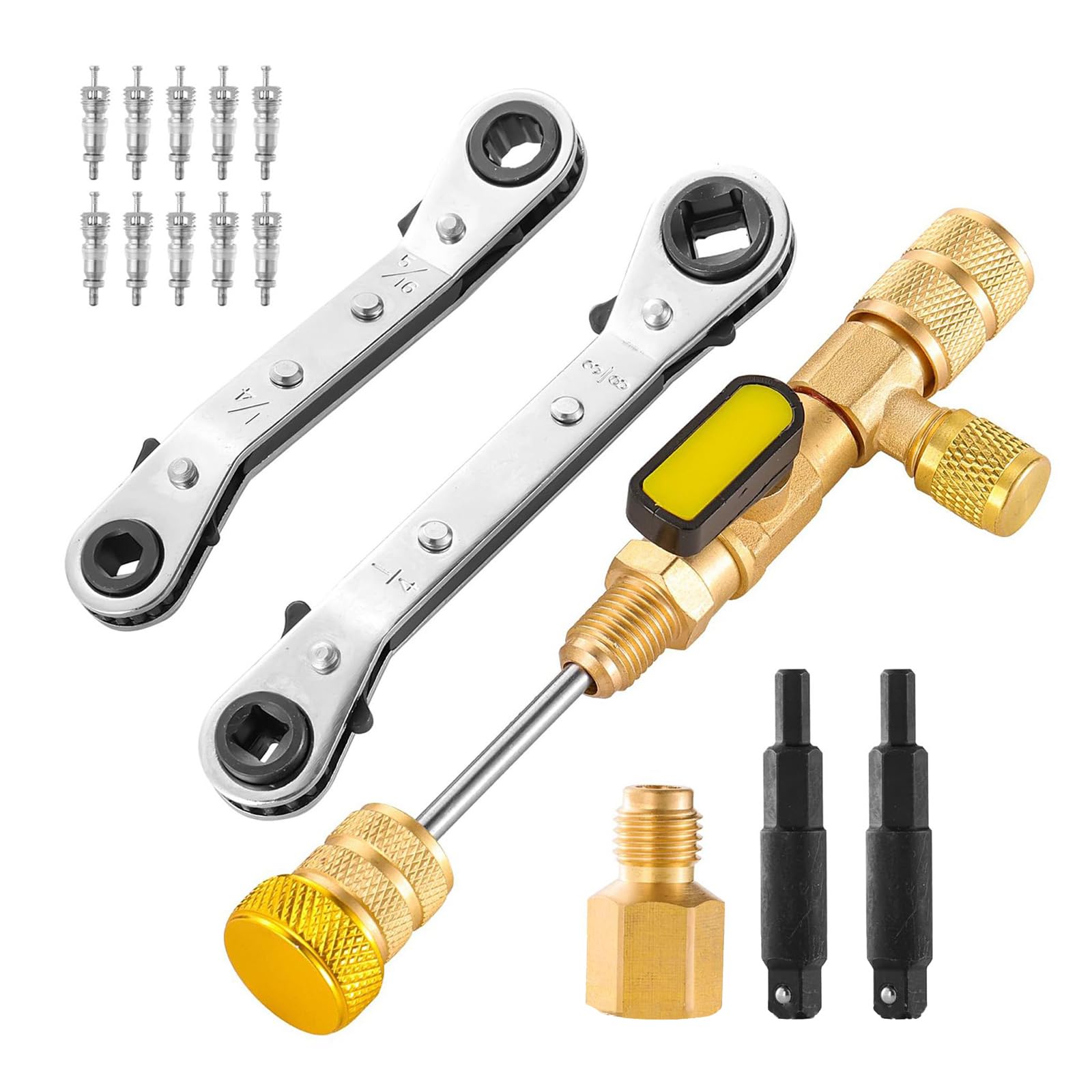 HENYGEN Multifunction Refrigerator Service Wrench Set Cores Removal Tool and 10 Valves Cores for HVAC Equipment Maintenance HVAC Service Wrench Set with Hexagonal Adapters