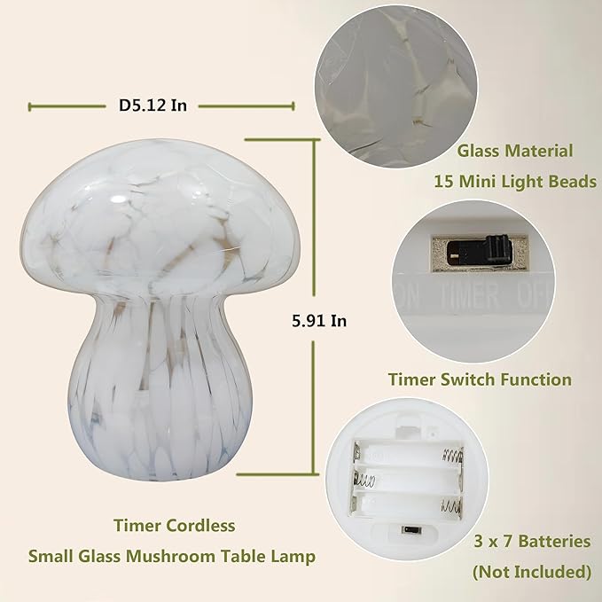 JBGIYOSG Mushroom Table Lamps Night Lights Cute Glass Nightstand Bedside Desk Lamps for Bedroom Living Study(Bulb Included) - White photo 2