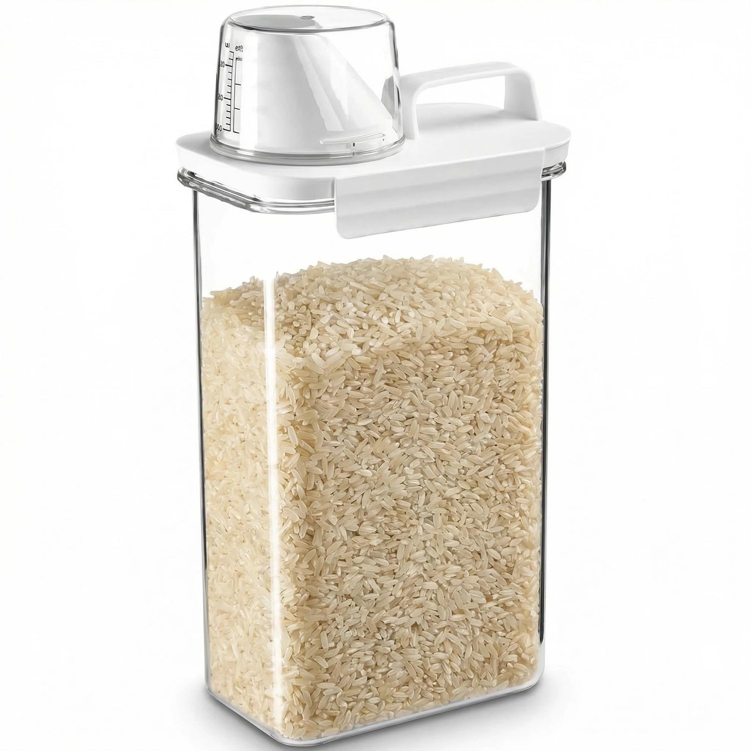 Beruyu Rice Storage Container, 2300ml Airtight Transparent Food Storage Container with Measuring Cup, BPA Free Plastic Cereal Containers for Flour, Beans, Pet Food, Washing Powder