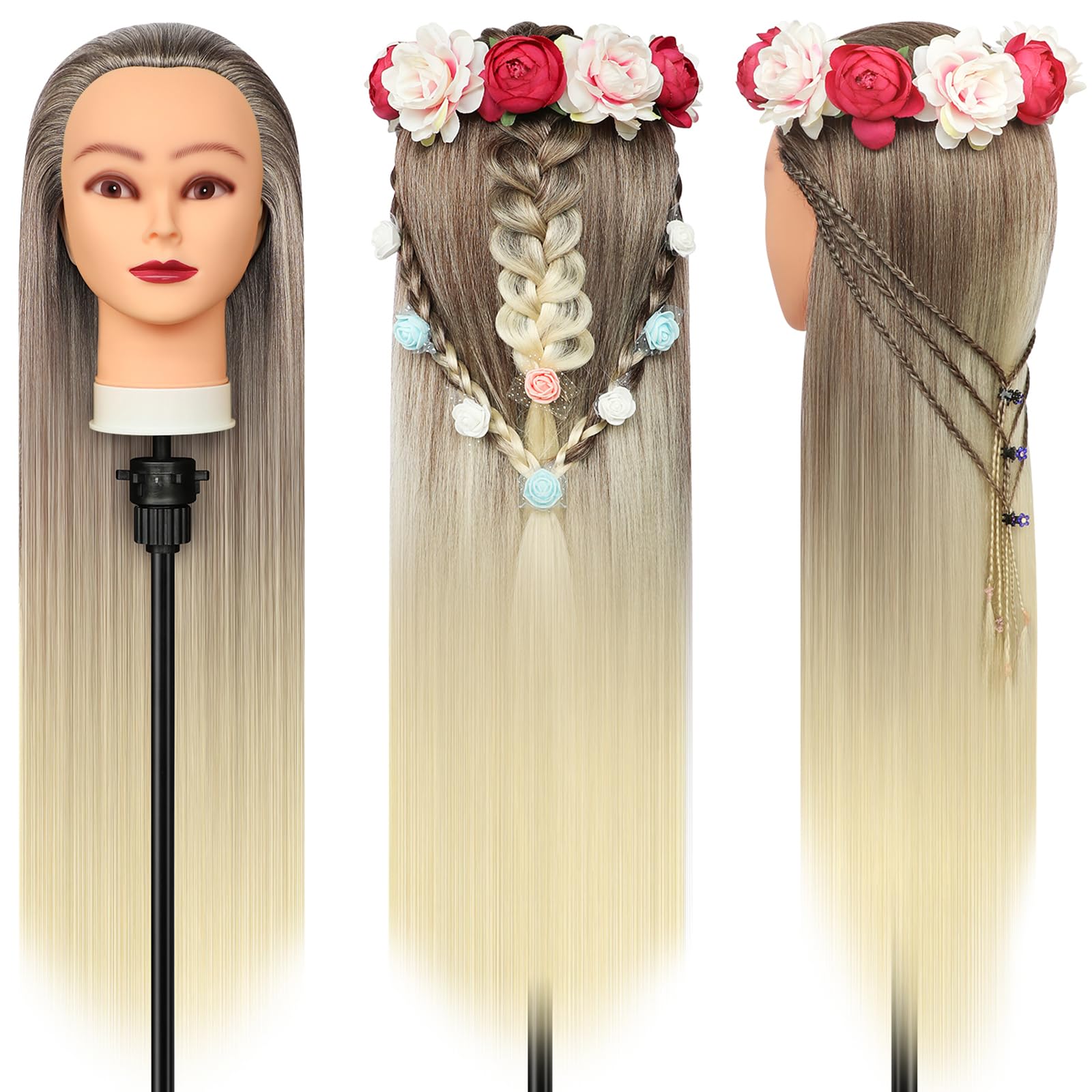 Trainingsköpfe, 28 inch Frisierkopf 100% Synthetikfaser-Haar Übungskopf, Frisurenkopf Ausbildung Kopf Mit Halter + DIY Haar Styling Braid Set (Golden)