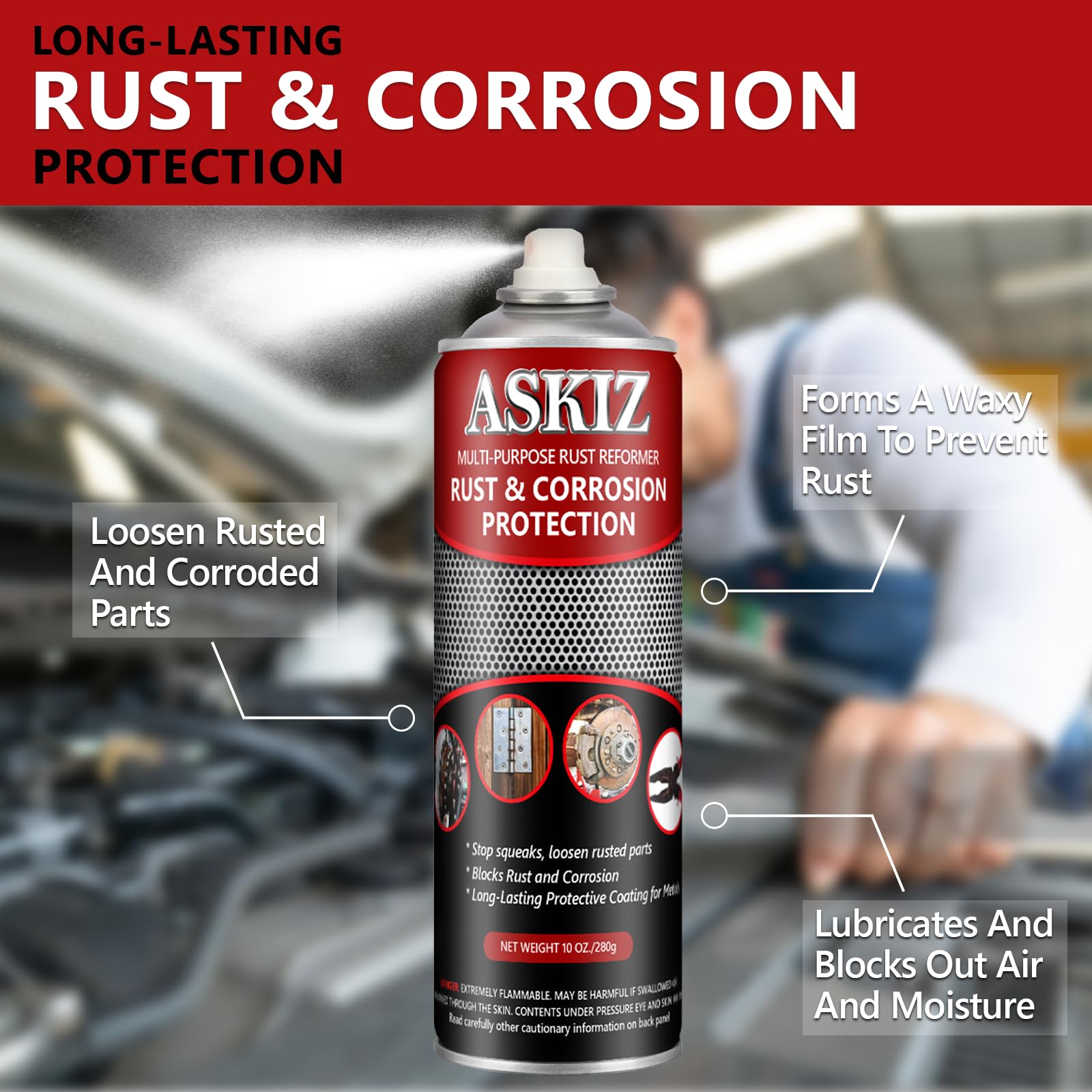ASKIZ Rust & Corrosion Protection/Corrosion Inhibitor, Multipurpose Long-Lasting Anti-Rust Spray and Waterproof Lubrication, 10 Oz (Pack of 12)