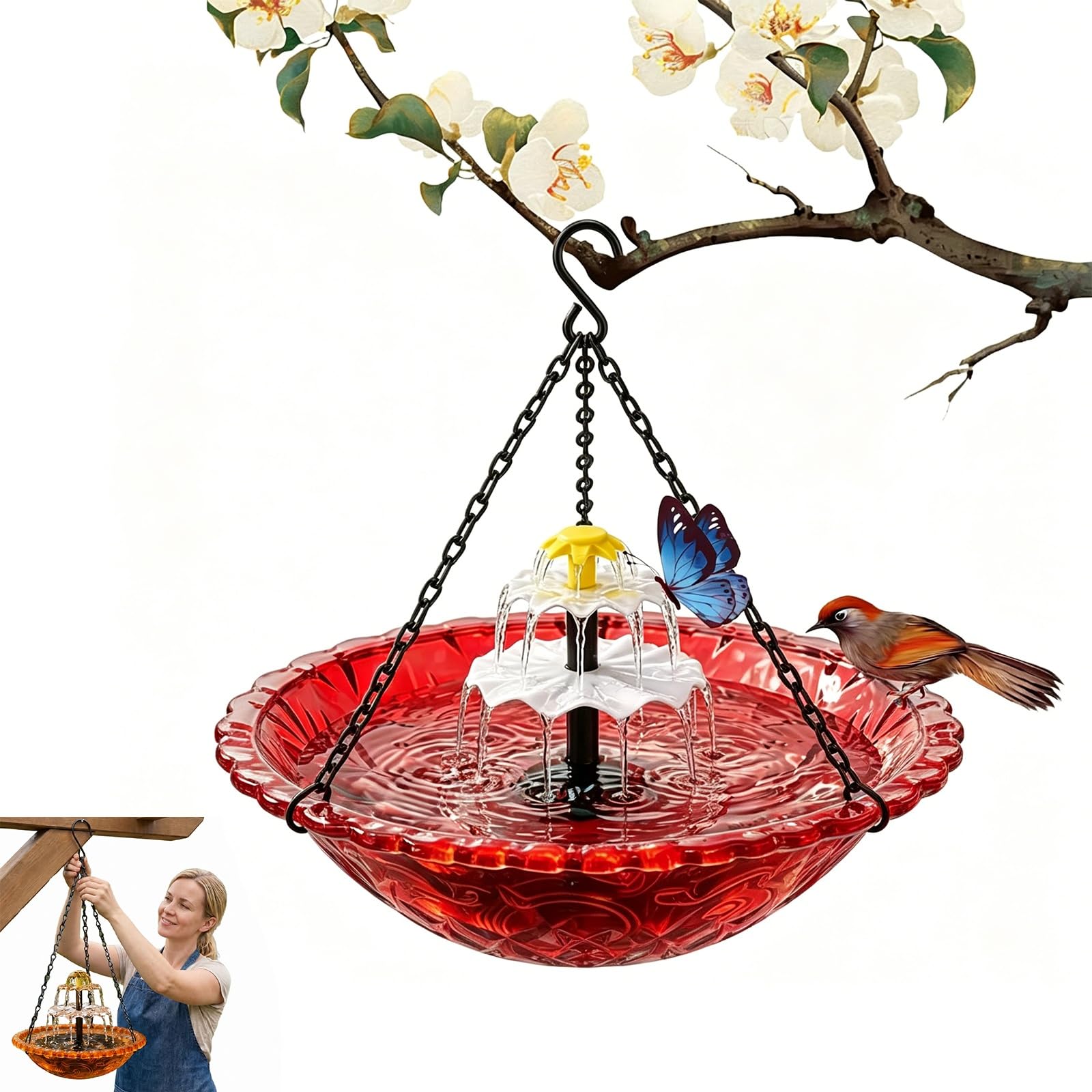 BOLEXA Hanging Solar Bird Bath Fountain For Garden, Outdoor Solar Powered Glass Bird Bath With Water Pump, Decorative Wild Bird Feeder For Patio Balcony, For Bird Lovers(Purple)