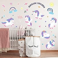 Vista 4 de fanquare Calcomanías de pared mágicas de unicornio con diseño de corazón de arco iris, decoración de pared para niños, niñas, dormitorio, sala